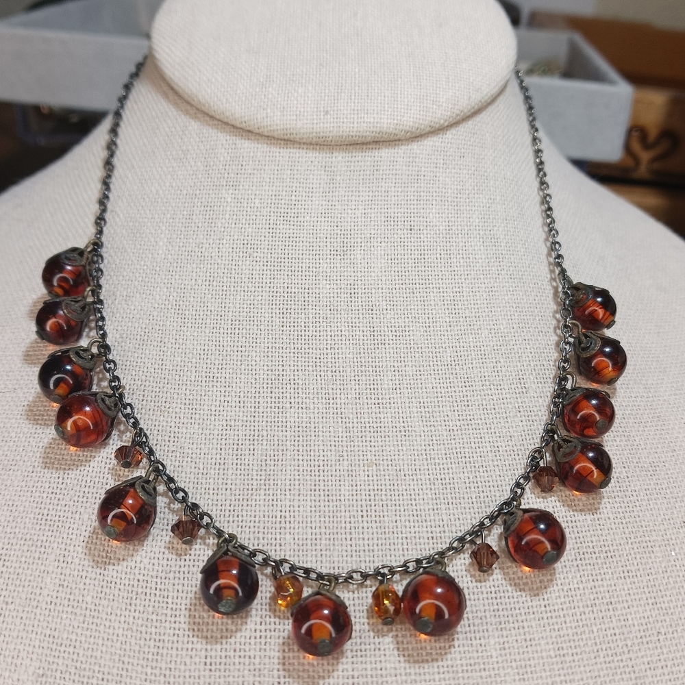 16" ELEGANT COGNAC GLASS DARK HONEY DROPS NECKLACE